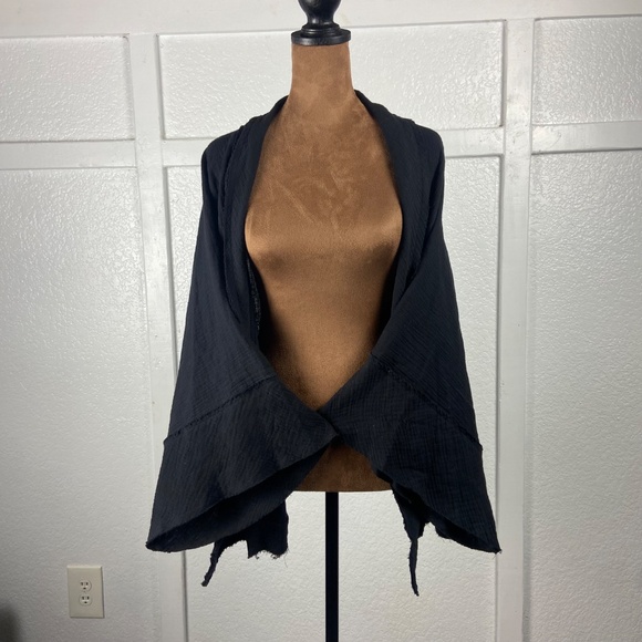 Grade & Gather Black Textured Cotton Open Front Kimono Wrap Cardigan Women’s M - Picture 2 of 10